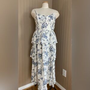 House of Harlow 1960 Linen Blend Tiered Floral Maxi Dress Blue & White Size L